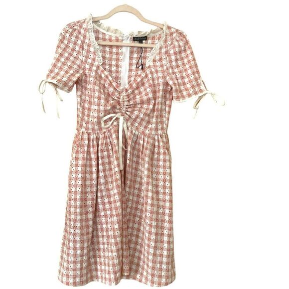 Unique Vintage Small Dress Gingham Eyelet Pockets Woodstock Flare Pink - Picture 2 of 5